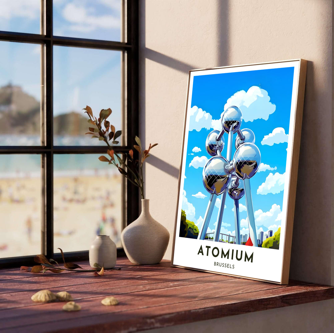 Low-angle architectural travel print capturing the massive steel struts and metallic spheres of the Atomium in Brussels, Belgium. Offered by MapYourDreams, this artwork is available in flexible options including unframed paper, custom wooden frames, and gallery canvas wraps.