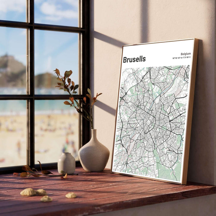 Sleek geographic poster capturing the detailed avenues and latitude-longitude coordinates of Brussels, Belgium, with modern header typography. Offered by MapYourDreams, this artwork is available in flexible options including unframed paper, custom wooden frames, and gallery canvas wraps.