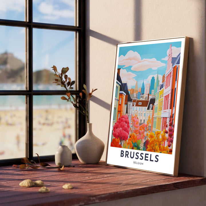 Scenic fall city poster featuring the charming architecture and autumn leaf colors of Brussels, Belgium, complete with elegant header text. Offered by MapYourDreams, this artwork is available in flexible options including unframed paper, custom wooden frames, and gallery canvas wraps.