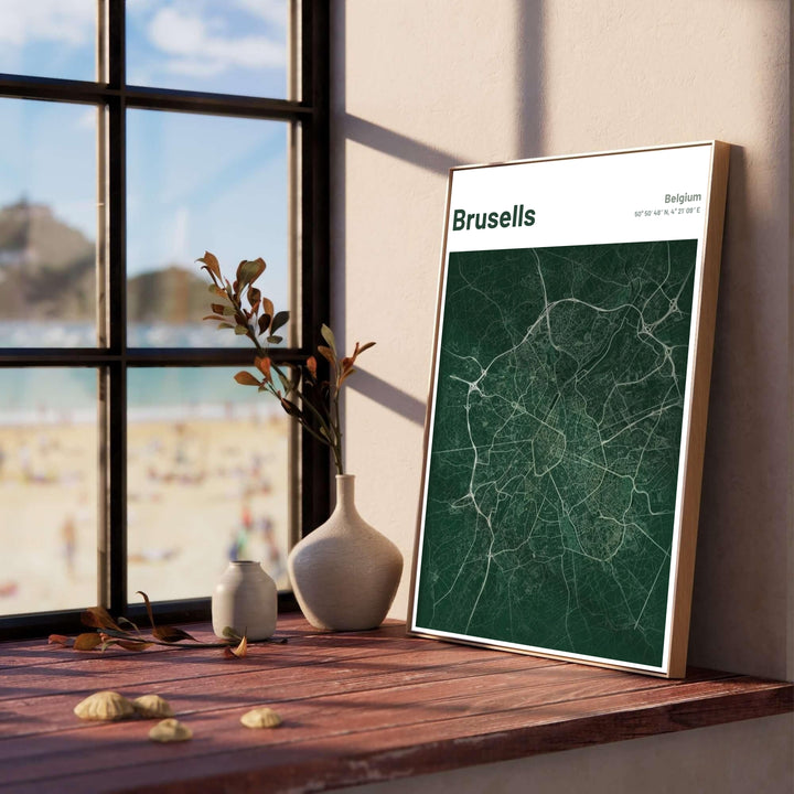 Sleek geographic poster capturing the detailed street grid and latitude-longitude coordinates of Brussels, Belgium, with modern white header typography. Offered by MapYourDreams, this artwork is available in flexible options including unframed paper, custom wooden frames, and gallery canvas wraps.