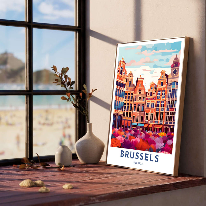 Sleek travel poster capturing the historic Grote Markt architecture of Brussels Grand Place in Belgium with a vibrant floral foreground. Offered by MapYourDreams, this artwork is available in flexible options including unframed paper, custom wooden frames, and gallery canvas wraps.