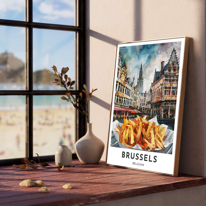 Artistic travel poster capturing a portion of delicious frites set against the tall spire and guild houses of Brussels Grand Place in Belgium. Offered by MapYourDreams, this artwork is available in flexible options including unframed paper, custom wooden frames, and gallery canvas wraps.