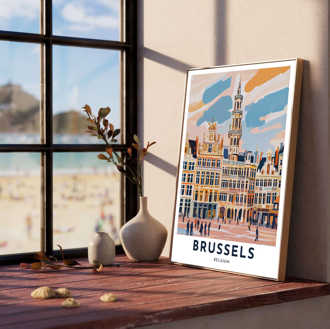 Sleek travel poster capturing the historic Grote Markt architecture of Brussels Grand Place in Belgium with a warm peach sky and cloud motifs. Offered by MapYourDreams, this artwork is available in flexible options including unframed paper, custom wooden frames, and gallery canvas wraps.