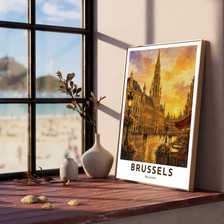 Elegant travel poster depicting the warm evening glow and violet sunset sky over the plaza of Brussels Grand Place in Belgium. Offered by MapYourDreams, this artwork is available in flexible options including unframed paper, custom wooden frames, and gallery canvas wraps.