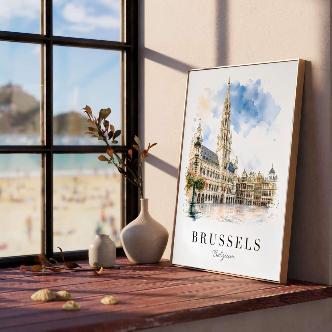 Soft travel poster capturing the ornate Baroque facades and cobblestone plaza of Brussels Grand Place in Belgium on a clean white background. Offered by MapYourDreams, this artwork is available in flexible options including unframed paper, custom wooden frames, and gallery canvas wraps.