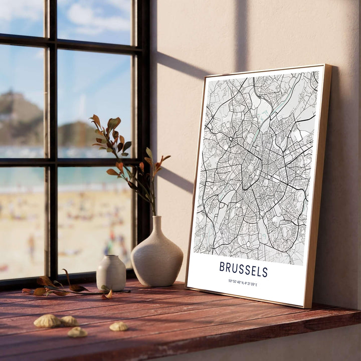 Scandinavian-style monochrome travel poster mapping the streets, transit lines, and water features of Brussels in Belgium. Offered by MapYourDreams, this artwork is available in flexible options including unframed paper, custom wooden frames, and gallery canvas wraps.