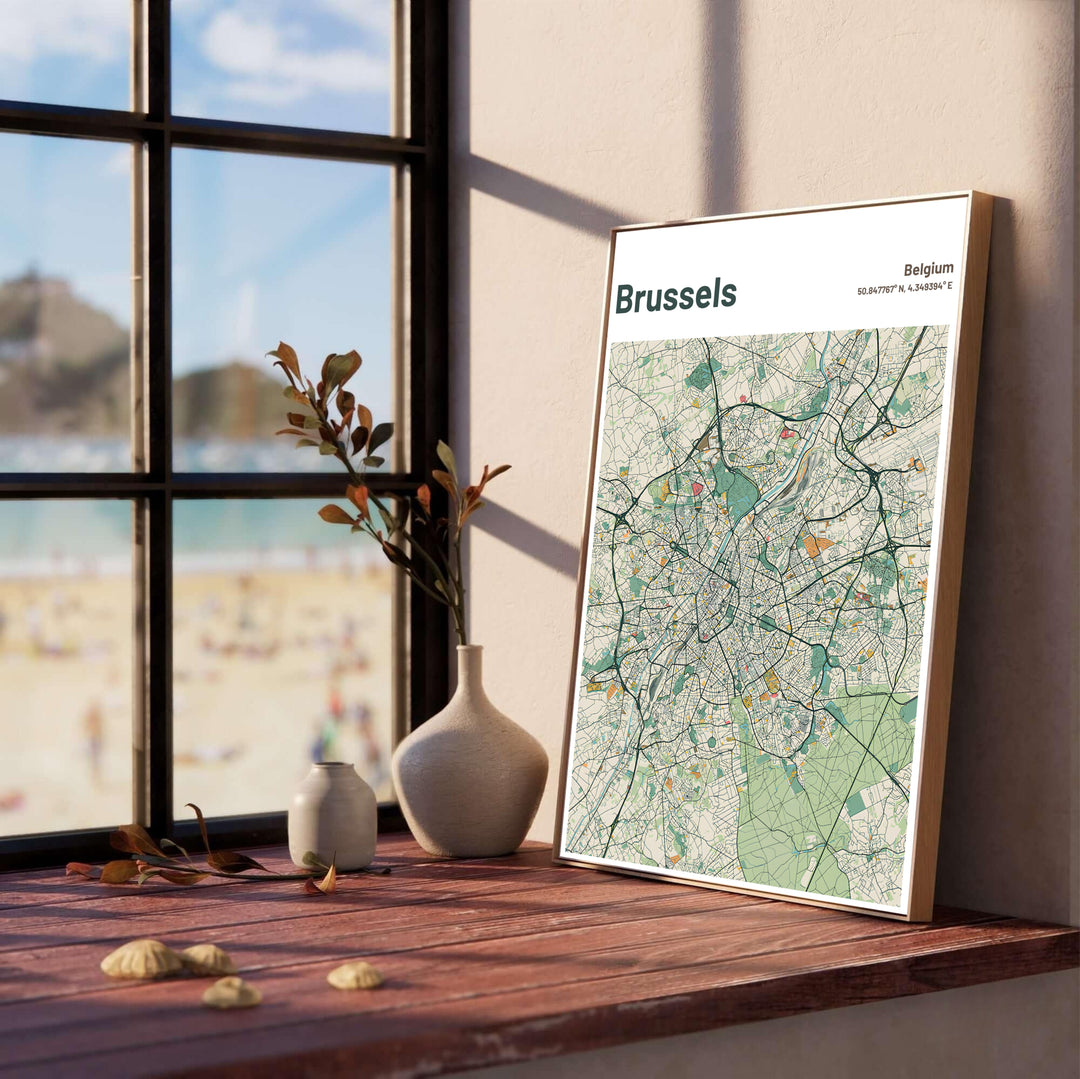 Vintage pastel cartography travel poster detailing the pentagonal center and suburban avenues of Brussels in Belgium. Offered by MapYourDreams, this artwork is available in flexible options including unframed paper, custom wooden frames, and gallery canvas wraps.