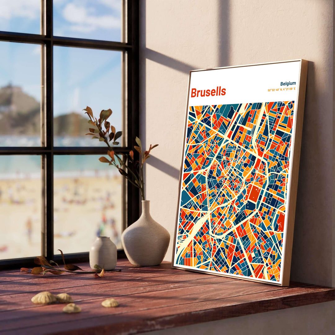 High-resolution modern city map poster of Brussels in Belgium with bold color blocks, cream road lines, and precise latitude and longitude coordinates. Customers can choose from several presentation options including unframed fine art paper, custom wood and metal frames, and gallery wrapped canvas wall decor.