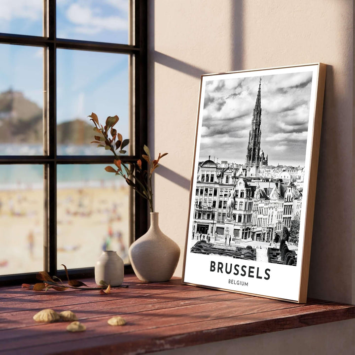 High-resolution monochrome photograph of Mont des Arts in Brussels, Belgium, showcasing rich tonal contrast, detailed stonework, and clean typography. Customers can choose from several presentation options including unframed fine art paper, custom wood and metal frames, and gallery wrapped canvas wall decor.