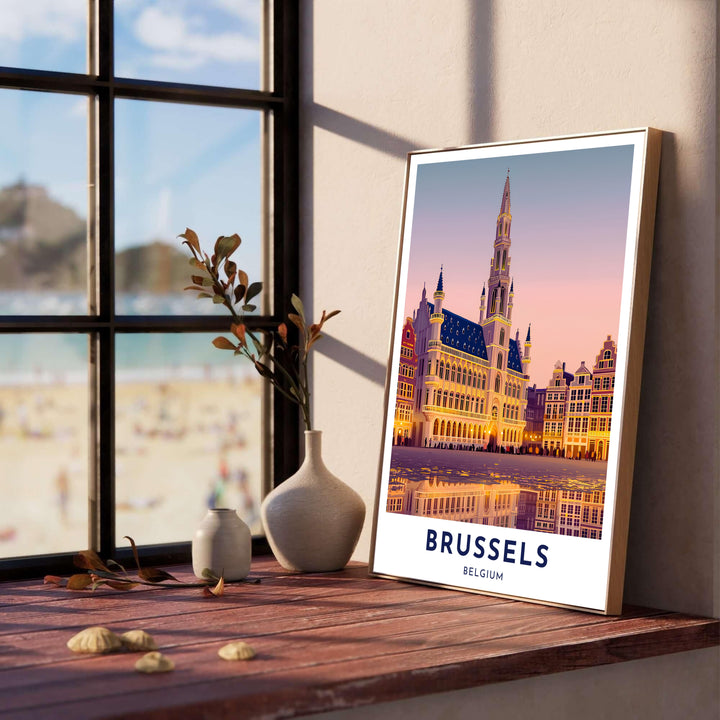 High-resolution sunset illustration of the Brussels Town Hall in Belgium with pastel pink skies and deep navy accents. Customers can choose from several presentation options including unframed fine art paper, custom wood and metal frames, and gallery wrapped canvas wall decor.