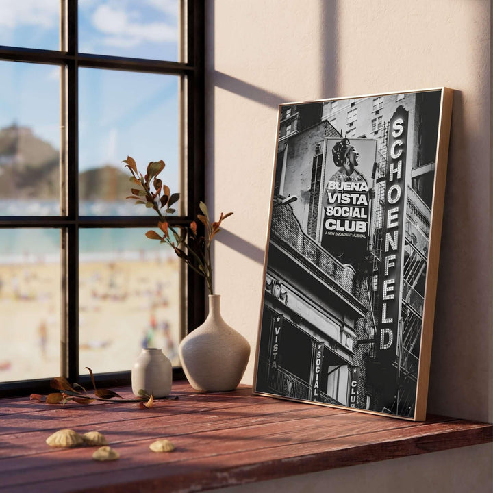 High-contrast urban streetscape photography poster of the Gerald Schoenfeld Theatre on Broadway capturing textured brick walls and glowing signs, presented by MapYourDreams where options include a high-quality unframed poster, a stretched gallery canvas, or a custom framed art piece for offices.