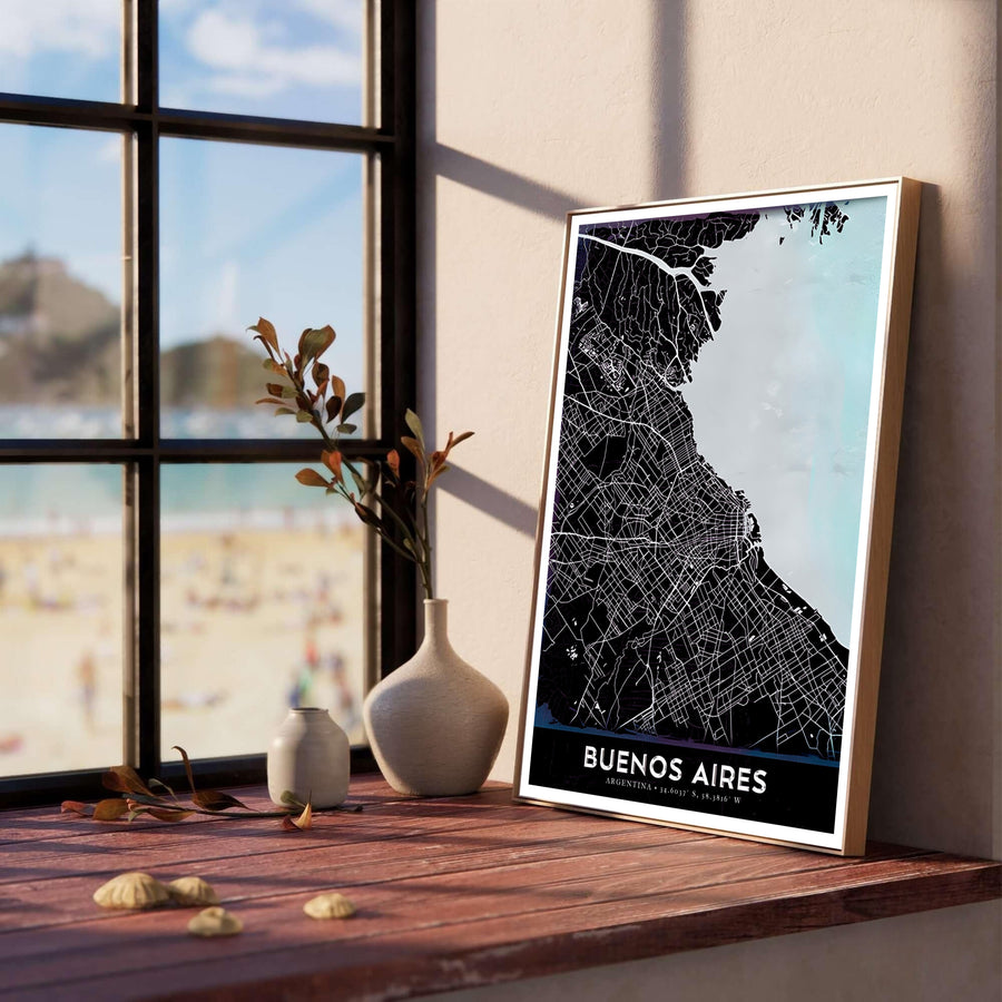 Dark mode city map poster of Buenos Aires with latitude and longitude coordinates displayed beneath the urban street grid. Produced by MapYourDreams, you can order this design on fine art paper, mounted in protective frames, or as a canvas display.