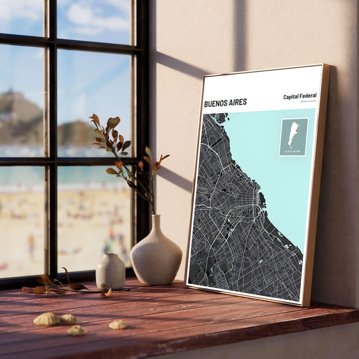 Architectural street grid print of Buenos Aires highlighting major avenues and coastal waterfront in high contrast charcoal and mint. Created by MapYourDreams, this artwork is adaptable for any interior in unframed prints, solid wooden frames, or gallery wrapped canvas.