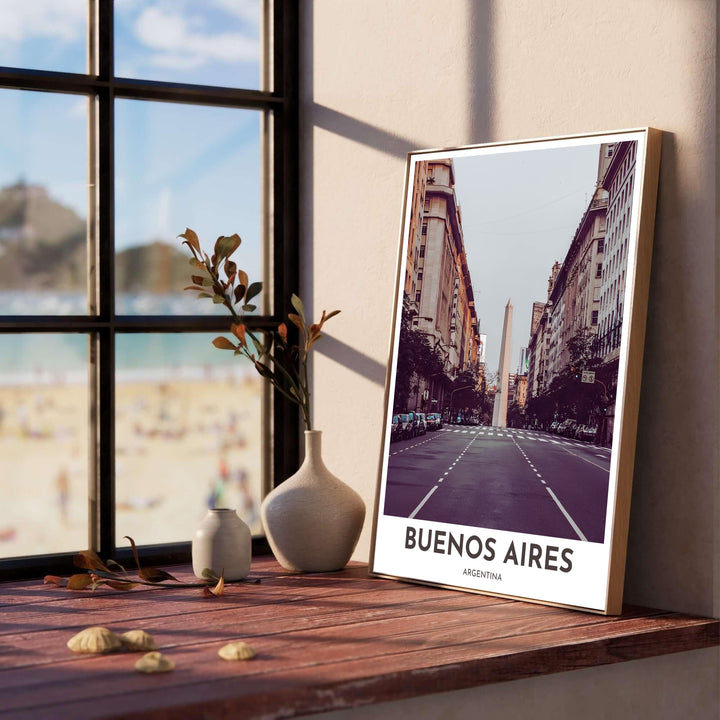 Retro styled photo print of central Buenos Aires showing the street perspective down the avenue toward the landmark white obelisk. Produced by MapYourDreams, you can order this design on fine art paper, mounted in protective frames, or as a canvas display.