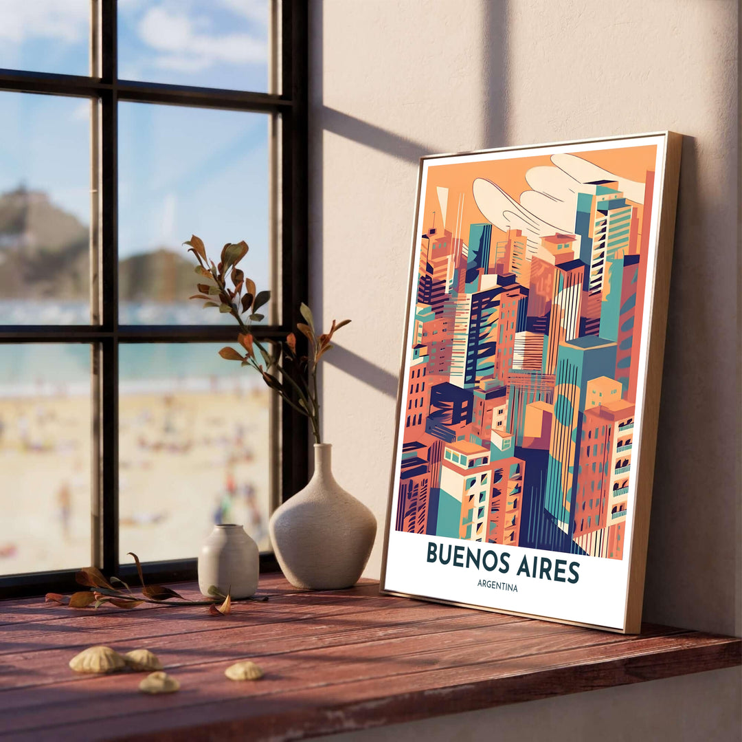 Contemporary South American cityscape print depicting urban towers in Argentina under a warm stylized afternoon sky. Created by MapYourDreams, this artwork is adaptable for any interior in unframed prints, solid wooden frames, or gallery canvas wraps.
