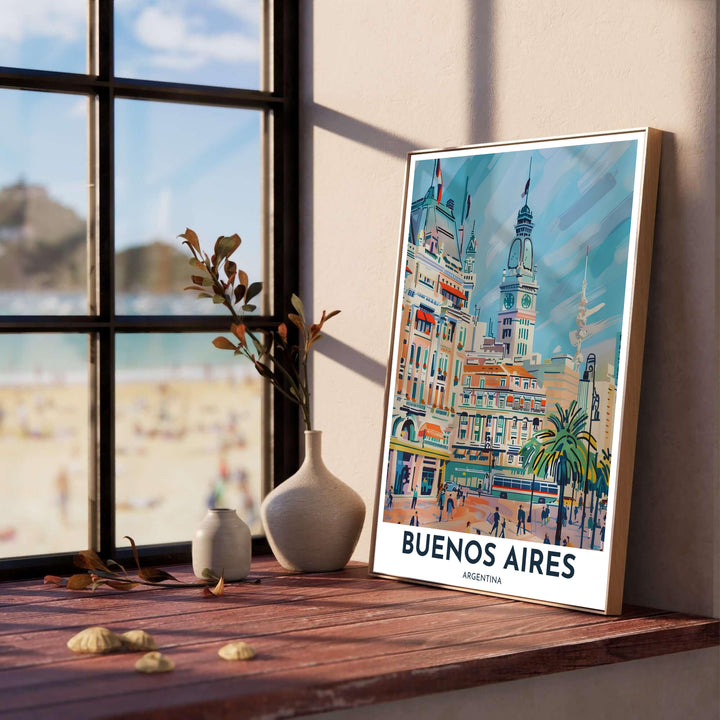 Soft painterly art print of a sunlit plaza in Buenos Aires with pedestrians, city buses, and classic French-inspired architecture. Produced by MapYourDreams, you can order this design on fine art paper, mounted in protective frames, or as a canvas display.