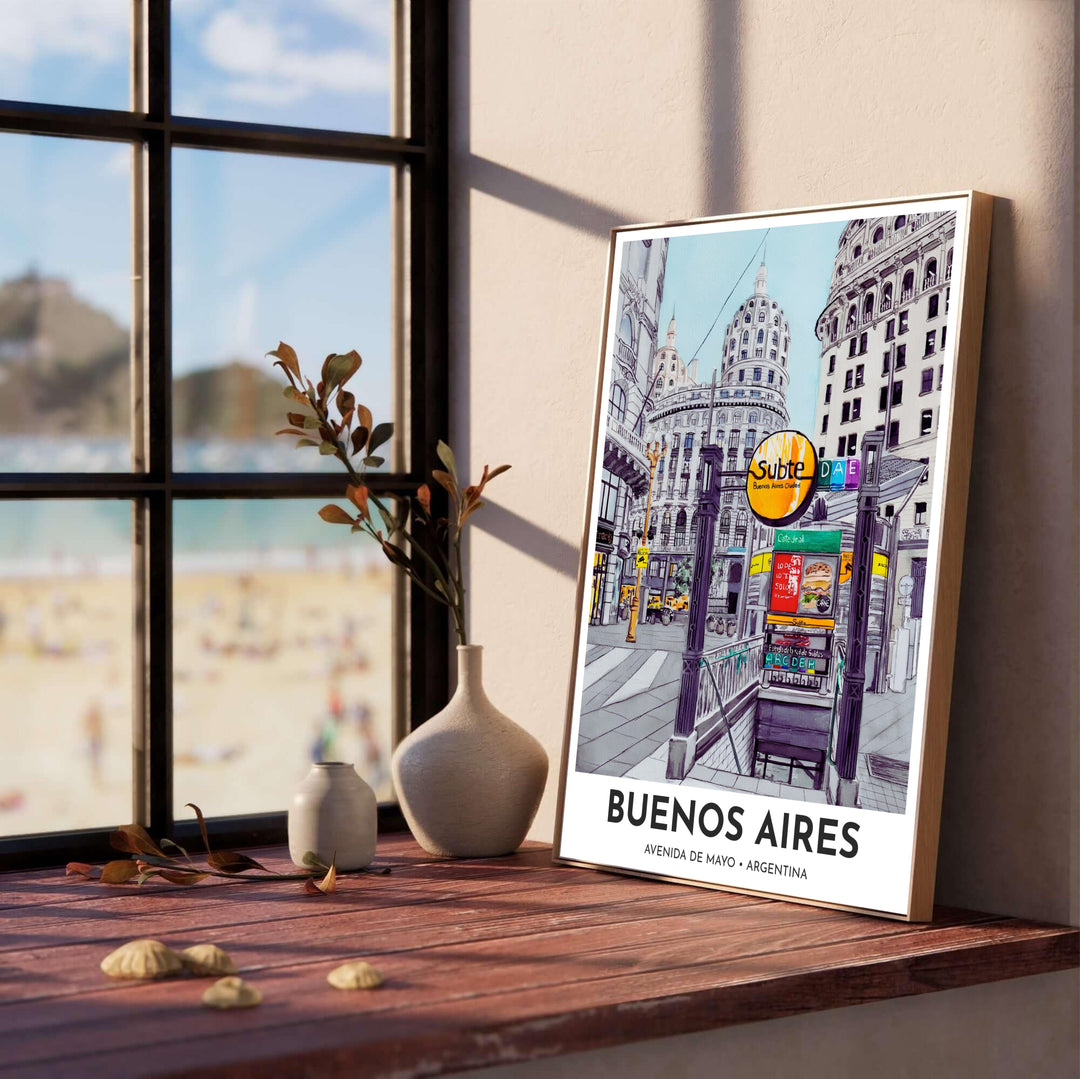 Detailed line-and-wash watercolor art print of the Buenos Aires underground metro entrance with surrounding Beaux-Arts buildings. Produced by MapYourDreams, you can order this design on fine art paper, mounted in protective frames, or as a canvas display.