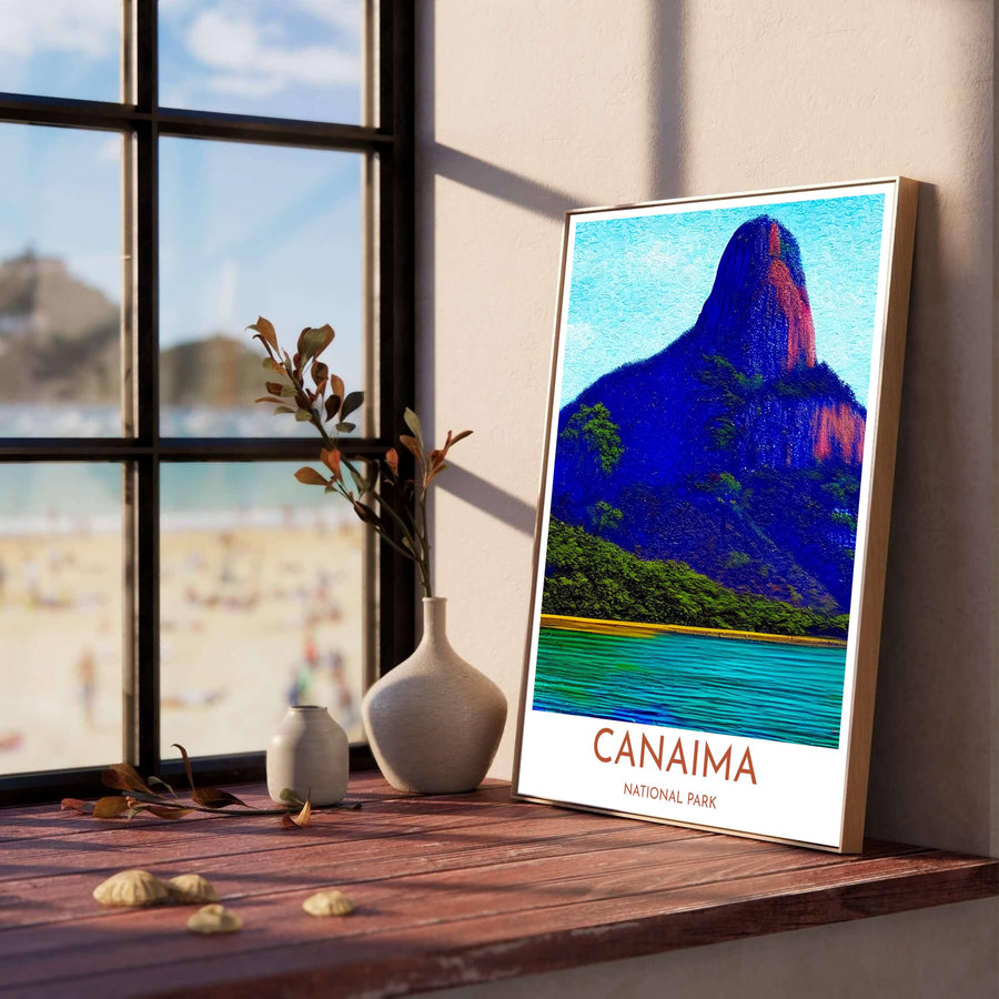 Colorful nature art print illustrating a massive South American tepui mountain rising behind a reflective tropical riverbank. Produced by MapYourDreams, you can order this design on fine art paper, mounted in protective frames, or as a canvas display.