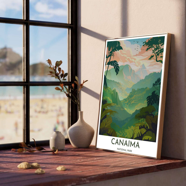 Mid-century vector style travel poster of Canaima showcasing a coral sunset glow, soaring bird silhouettes, and deep green jungle foliage. Presented by MapYourDreams, this piece comes in flexible choices such as unframed paper stock, custom frames, and gallery canvas wraps.