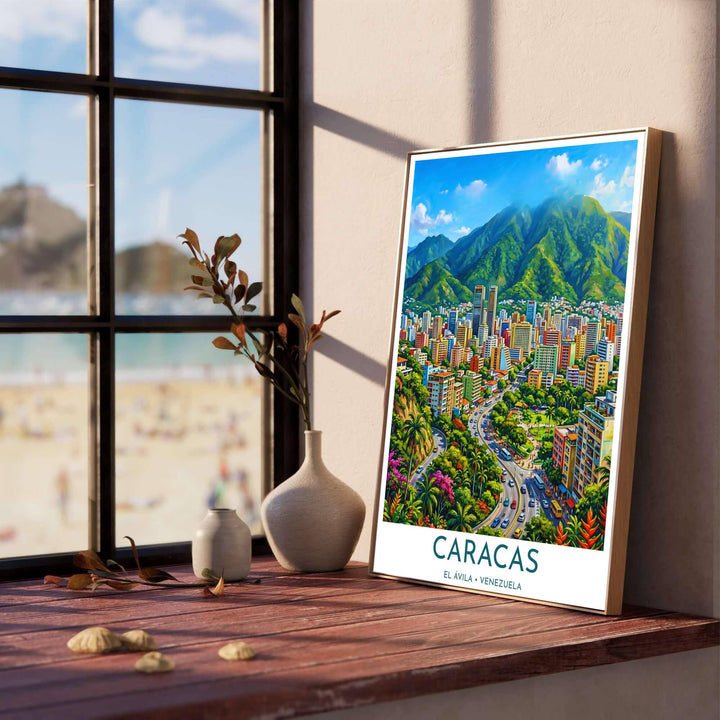 Colorful South American city art print showing a busy highway weaving through magenta floral gardens toward the towers of Caracas. Produced by MapYourDreams, you can order this design on fine art paper, mounted in protective frames, or as a canvas display.