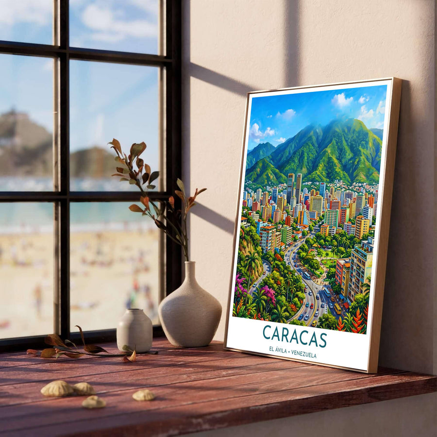 Colorful South American city art print showing a busy highway weaving through magenta floral gardens toward the towers of Caracas. Produced by MapYourDreams, you can order this design on fine art paper, mounted in protective frames, or as a canvas display.