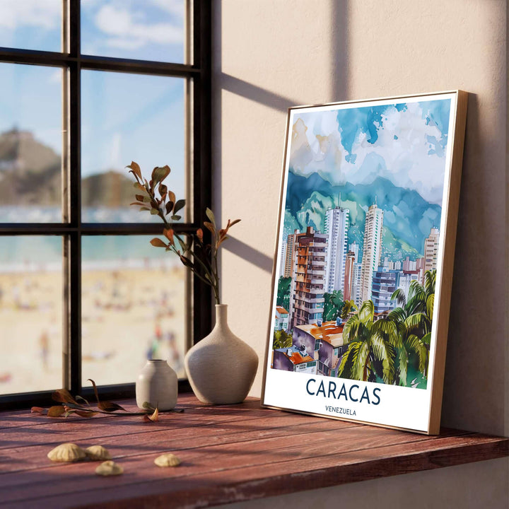 Painterly urban landscape art print illustrating the capital city of Caracas nestled beneath a mist-washed mountain peak. Produced by MapYourDreams, you can order this design on fine art paper, mounted in protective frames, or as a canvas display.