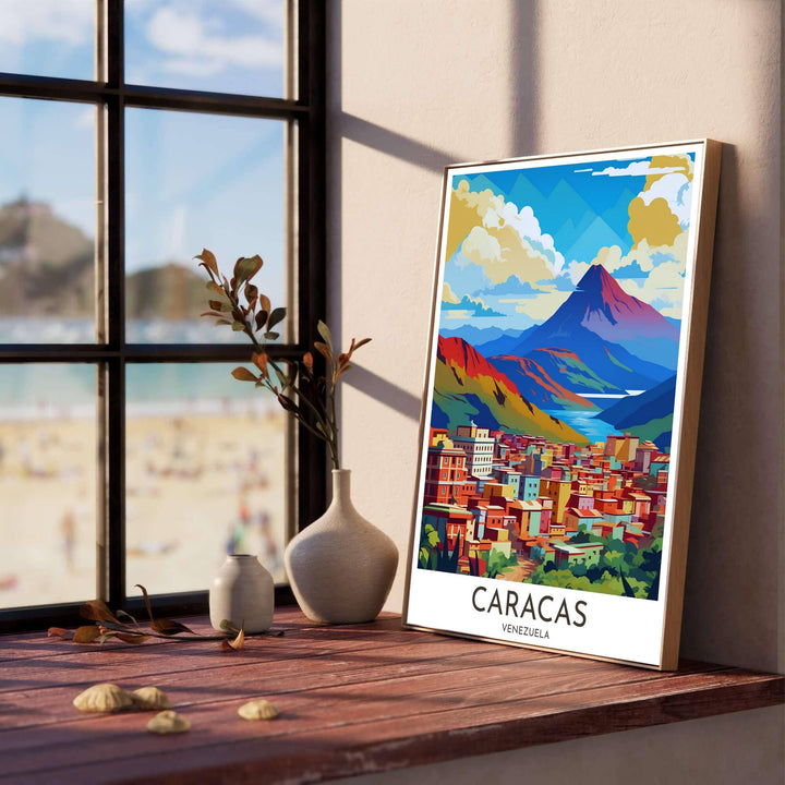 Colorful geometric art print illustrating the iconic mountain skyline of Caracas nestled beneath glowing cumulus clouds. Produced by MapYourDreams, you can order this design on fine art paper, mounted in protective frames, or as a canvas display.