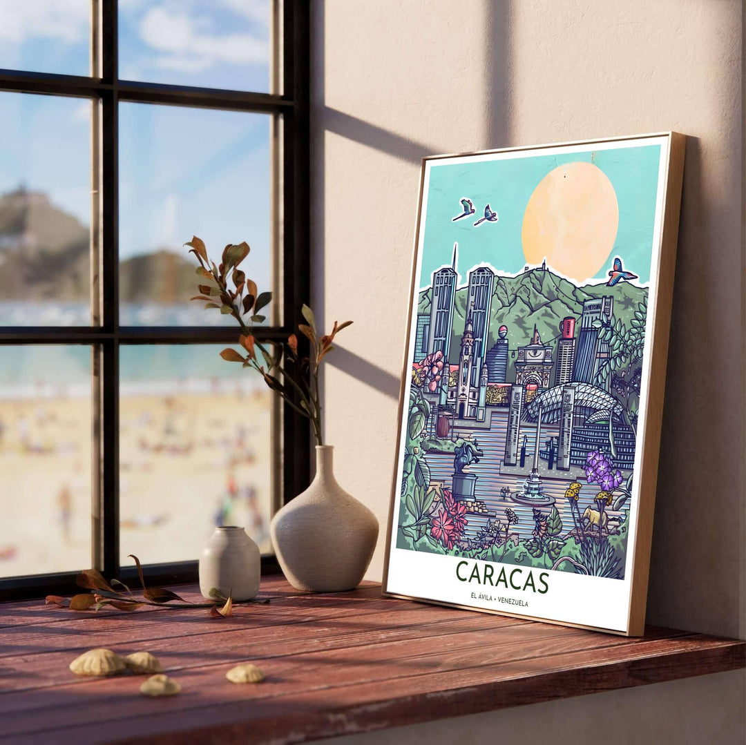 Retro illustrated South American city poster depicting detailed black ink outlines and pop art color fills in central Caracas. Created by MapYourDreams, this artwork is adaptable for any interior in unframed prints, solid wooden frames, or gallery canvas wraps.