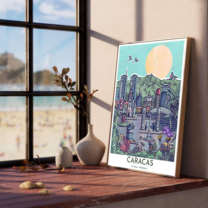 Retro illustrated South American city poster depicting detailed black ink outlines and pop art color fills in central Caracas. Created by MapYourDreams, this artwork is adaptable for any interior in unframed prints, solid wooden frames, or gallery canvas wraps.