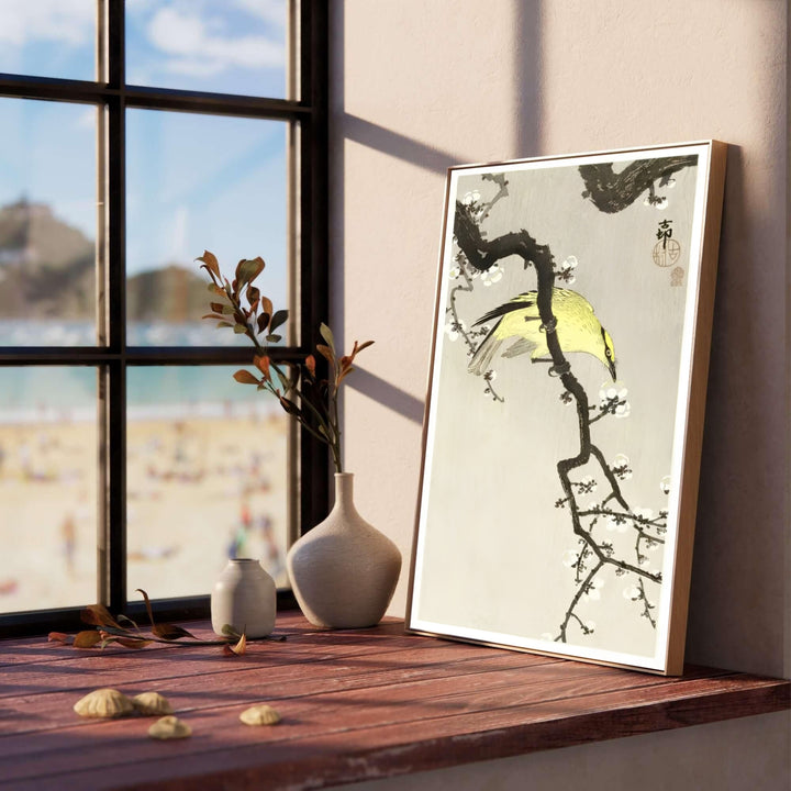 Beautiful 1900 1910 Japanese woodblock print featuring a Chinese Oriole in a plum orchard style inspired by Kamakura garden traditions. MapYourDreams offers versatile framed, unframed, and canvas print options.