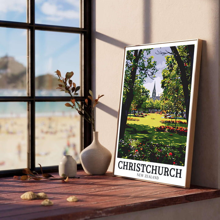 Bring lush New Zealand nature home with this artistic Christchurch Botanic Gardens travel poster design featuring the cathedral. MapYourDreams features custom framed, unframed, and canvas print formats.