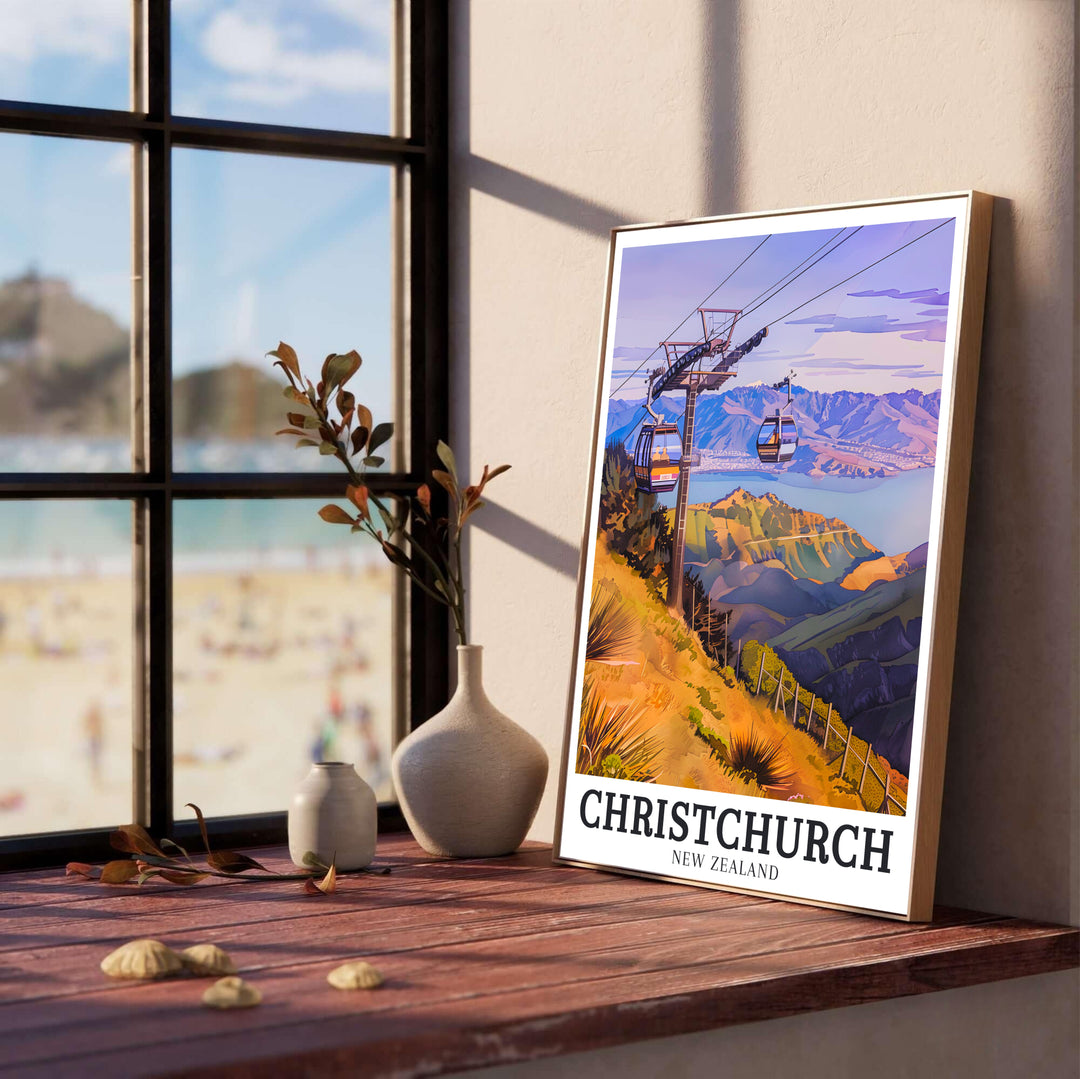 High-altitude cable car cabins overlooking Lake Ellesmere and Canterbury landscapes from Port Hills in ChristChurch mark this poster. Discover custom framed, unframed, and canvas print options at MapYourDreams.