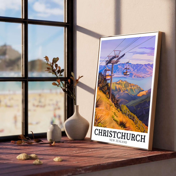 High-altitude cable car cabins overlooking Lake Ellesmere and Canterbury landscapes from Port Hills in ChristChurch mark this poster. Discover custom framed, unframed, and canvas print options at MapYourDreams.