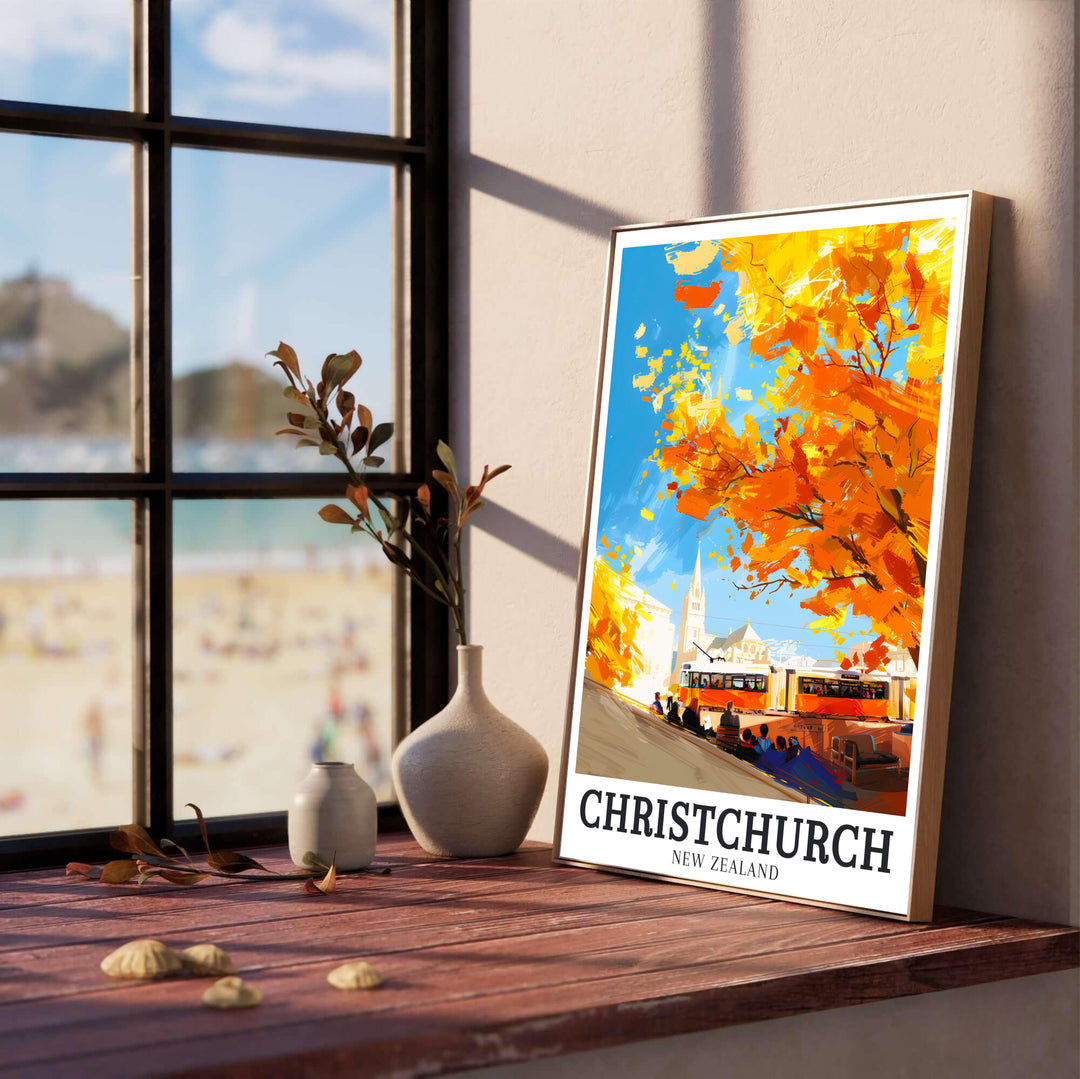 Textured brushstroke foliage and vintage trams in Cathedral Square define this Christchurch travel poster print. Discover custom framed, unframed, and canvas print options available at MapYourDreams.