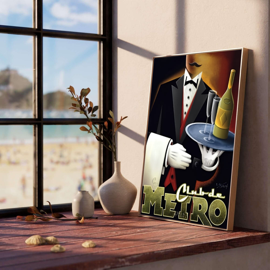 Vintage French advertising print featuring metallic gold Club de Metro typography, champagne flutes, and a tuxedo waiter, provided by MapYourDreams with choices spanning unframed art prints, stretched canvas decor, and custom frame choices in black, white, and natural wood finishes.