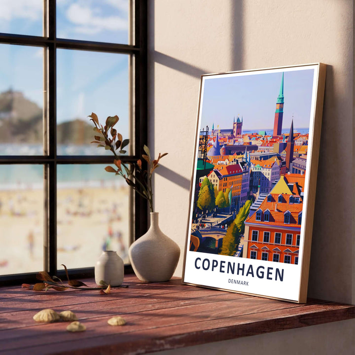 Travel illustration of the Round Tower view in Copenhagen with vibrant red and orange roof tiles. Offered by MapYourDreams, this artwork is available in flexible options including unframed paper, custom wooden frames, and gallery canvas wraps.