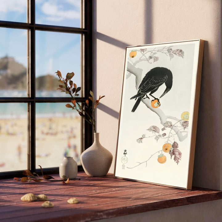 Black crow with kaki fruit print inspired by historic Tokyo Shinobazu Pond exhibitions for living room wall decor. Select custom framed, unframed poster, or gallery canvas choices at MapYourDreams.