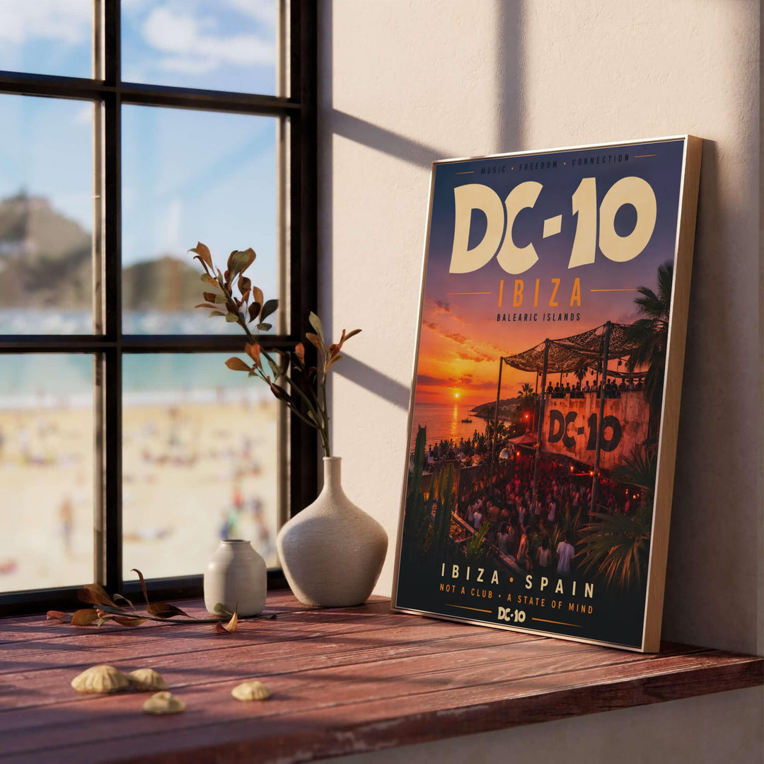 Balearic sunset art print displaying warm evening lighting and crowded dance floor under open structure at DC-10 in Ibiza, Spain, provided by MapYourDreams where buyers can order an unframed paper poster, gallery wrapped canvas print, or custom framed wall decor.
