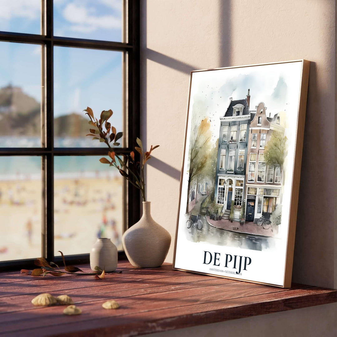 Soft watercolor travel print displaying classic Dutch townhouses and quiet cobblestone streets in De Pijp Amsterdam, presented by MapYourDreams where options include a high-quality unframed poster, a stretched gallery canvas, or a custom framed art piece made for entryway decor.