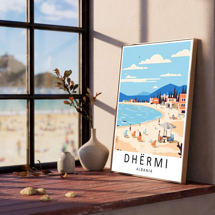 Capturing the iconic beach loungers and clear Ionian Sea coastline of Dhërmi set against blue mountains, this fine art poster decorates bedroom walls. Offered by MapYourDreams, this artwork is available in flexible options including unframed paper, custom wooden frames, and gallery canvas wraps.