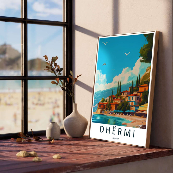 Terraced stone houses look out across a sandy bay with turquoise waves in this vintage-style Albanian Riviera landscape artwork. Offered by MapYourDreams, this artwork is available in flexible options including unframed paper, custom wooden frames, and gallery canvas wraps.