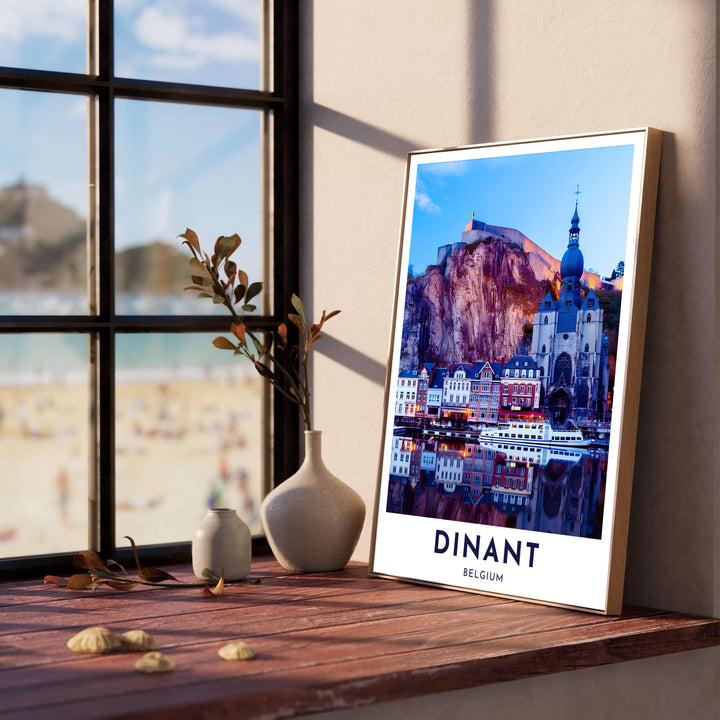 Vertical real photo poster showcasing the dramatic rock face and historic architecture of Dinant, Belgium. Offered by MapYourDreams, this artwork is available in flexible options including unframed paper, custom wooden frames, and gallery canvas wraps.
