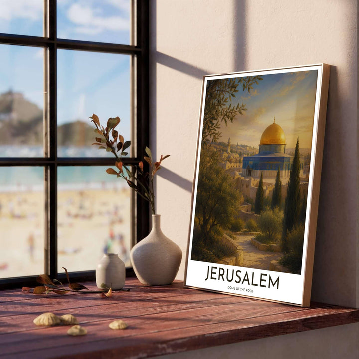 Classical landscape painting print of the iconic Dome of the Rock in Jerusalem set along a scenic stone path through olive trees. Designed by MapYourDreams, this artwork is available in flexible options including unframed paper, custom wooden frames, and gallery canvas wraps for home wall art.