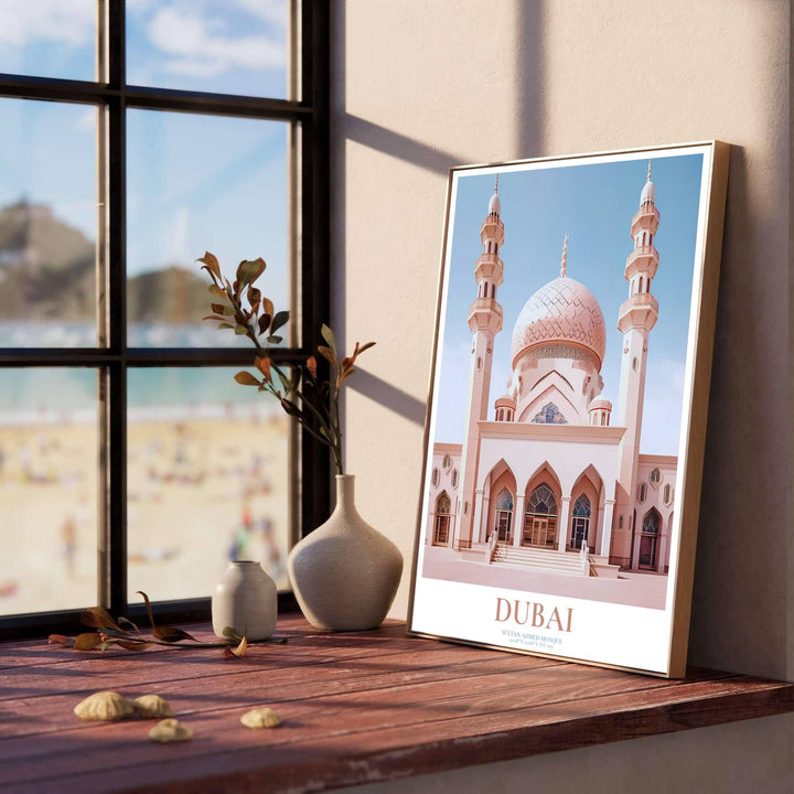 Pastel tone architectural print of the iconic Jumeirah Mosque in Dubai with clean title typography at the base. Designed by MapYourDreams, this artwork is available in flexible options including unframed paper, custom wooden frames, and gallery canvas wraps for home wall art.