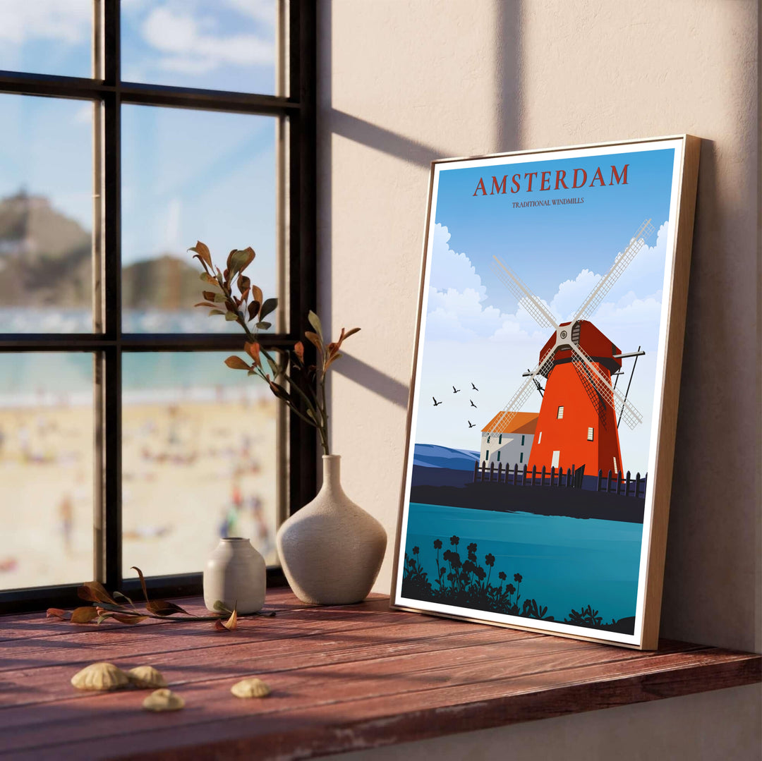 Retro European countryside travel print displaying a classic red windmill and ocean teal water in the Netherlands, presented by MapYourDreams where options include a high-quality unframed poster, a stretched gallery canvas, or a custom framed art piece made to bring vibrant color to sunrooms.