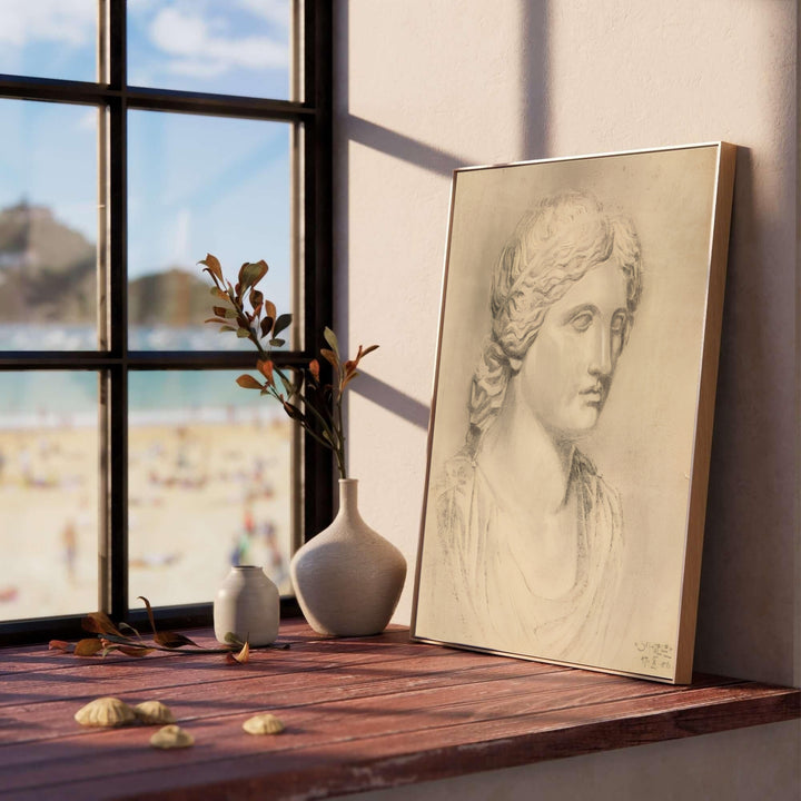 Vintage academy study museum poster of Egon Schiele Antique Bust 1906 at Leopold Museum Vienna rendered on warm parchment paper background. Select custom framed wall art, unframed paper poster prints, or gallery canvas formats at MapYourDreams for a refined office wall decoration focus.
