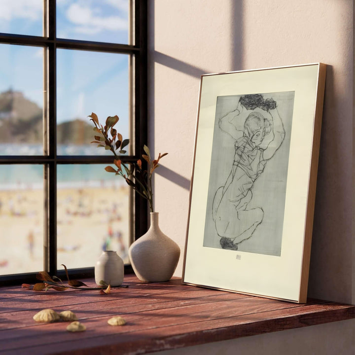 Viennese Expressionist etching poster of Egon Schiele Crouching Female Nude 1914 from the Leopold Museum Vienna collection in rich charcoal tones. Choose an unframed paper poster, a gallery stretched canvas print, or custom framed wall art directly from MapYourDreams for an intellectual room decor.