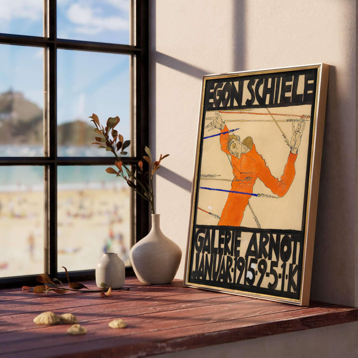 Historic graphic advertisement poster print of Egon Schiele Galerie Arnot 1915 from Galerie Arnot Vienna displaying expressive dramatic posture. MapYourDreams provides premium framed prints, unframed paper wall poster decor, and stretched canvas choices for sophisticated art gallery walls.