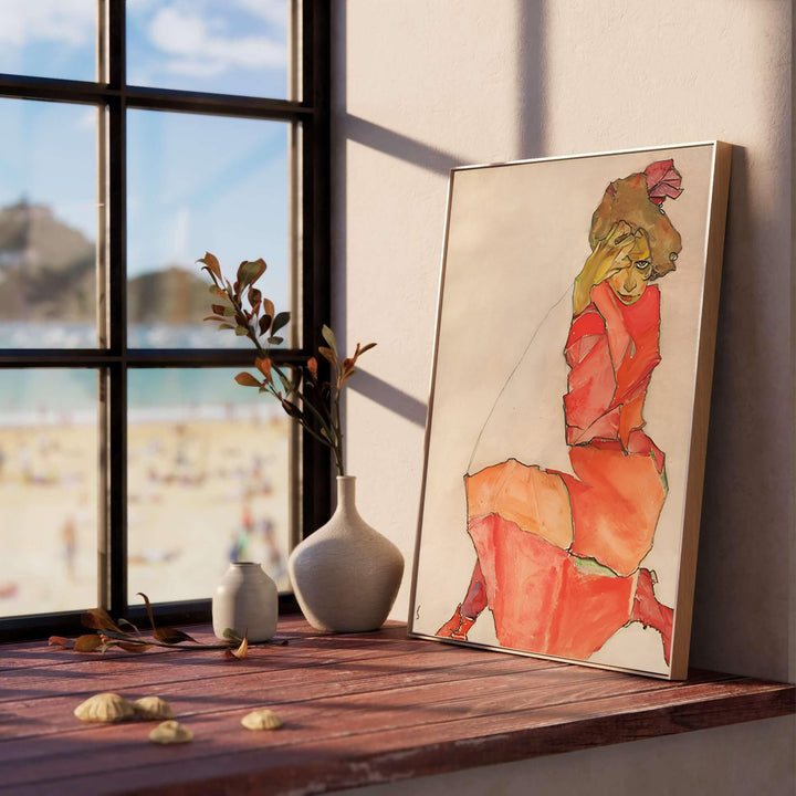 Vintage museum figure poster of Egon Schiele Kneeling Female In Orange Red Dress 1910 at Leopold Museum Vienna rendered with authentic warm cream background paper. Select custom framed wall art, unframed paper poster prints, or gallery canvas formats at MapYourDreams for a refined office wall decoration focus.