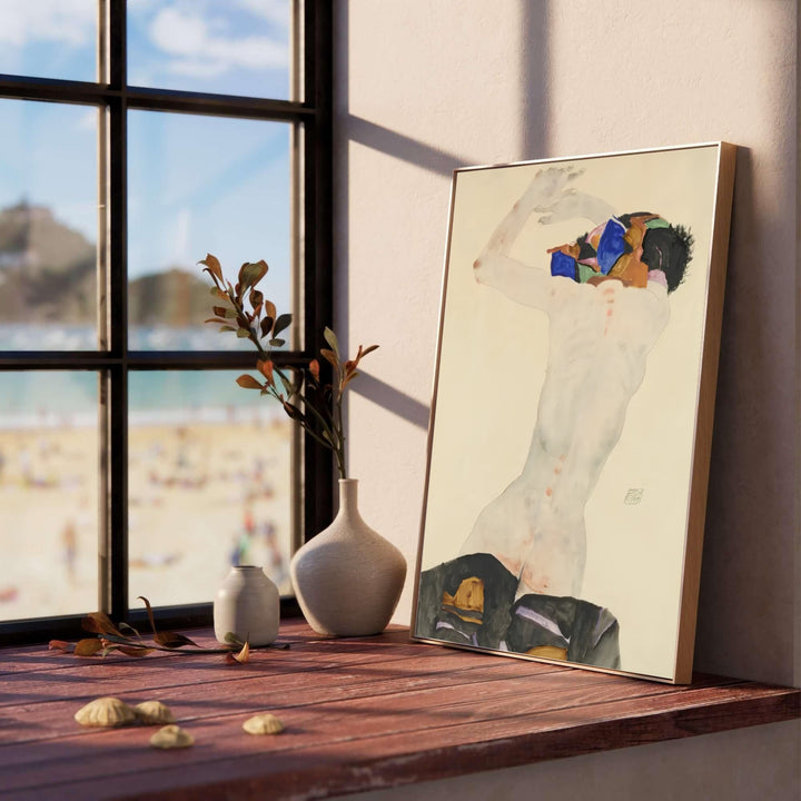 Historic Viennese Secession fine art study of Egon Schiele Nude With Colorful Cloth 1911 in Leopold Museum Vienna with distinct pencil line work. Explore ready-to-hang framed wall art, unframed paper poster prints, and gallery canvas decor available directly from MapYourDreams online store today.